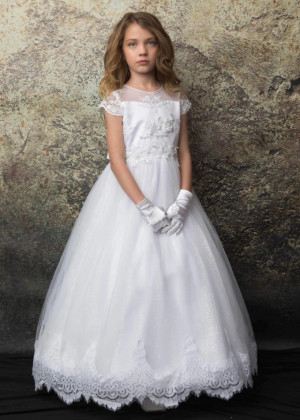 Beaded White Lace Tulle Flower Girl Dress With Scalloped Edge